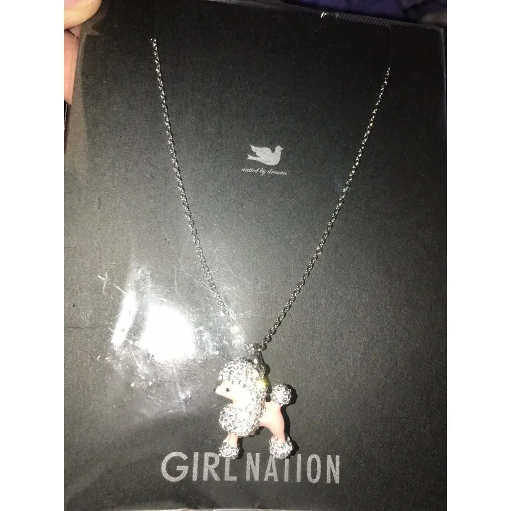Girl Nation Enamel Child Necklace 14K Gold Plated BLING Shiny Crystal Poodle
